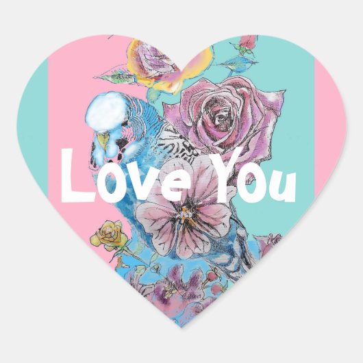 Blue Budgie Bird Roos Flower Love Painting Aqua Hart Sticker (Voorkant)