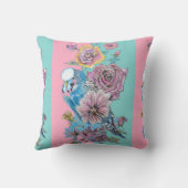 Blue Budgie Bird Rose Floral Pink Aqua Girls Name Kussen (Achterkant)