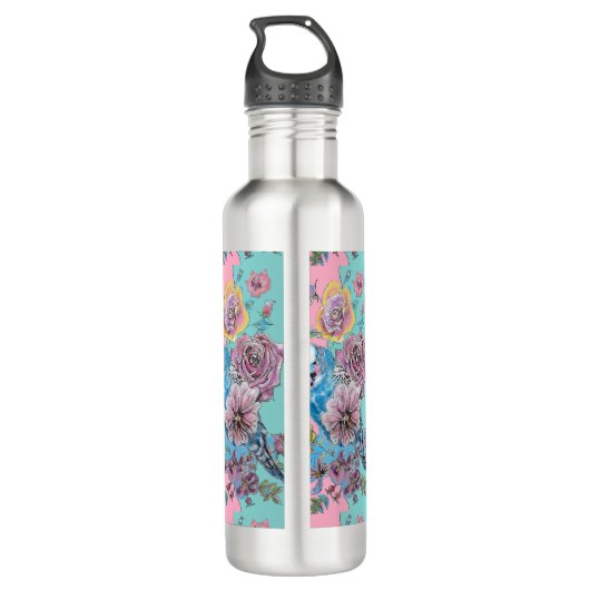 Blue Budgie Bird Rose Floral Pink Aqua Girls Name Waterfles (Achterkant)