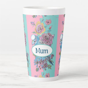 Blue Budgie Bird Rose Floral Pink Aqua Mothers Day Latte Mok