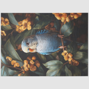 Blue Budgie Budgerigar Gele Bloemen Decoupage Tissuepapier