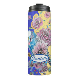 Blue Budgie Budgerigar Roos Waterverf bloemenmarin Thermosbeker