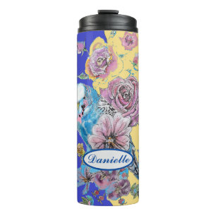 Blue Budgie Budgerigar Roos Waterverf bloemenmarin Thermosbeker