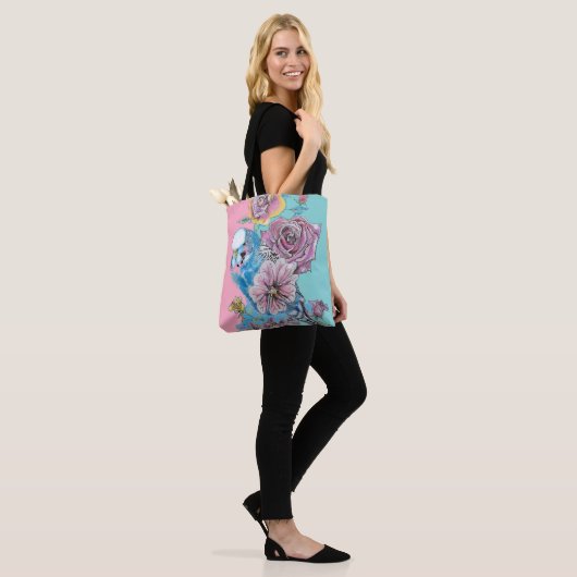 Blue Budgie Budgies Rose Flower floral Tote Bag (Op model)