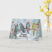 Blue Budgie Budgies Waterverf Parrot Vogel Kaart (Gele Bloem)