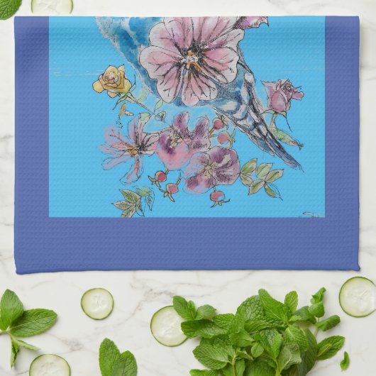 Blue Budgie Cute Whimsical Navy Blue floral Tea Theedoek (Gevouwen)