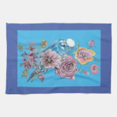 Blue Budgie Cute Whimsical Navy Blue floral Tea Theedoek (Horizontaal)