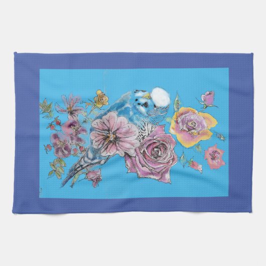 Blue Budgie Cute Whimsical Navy Blue floral Tea Theedoek (Horizontaal)