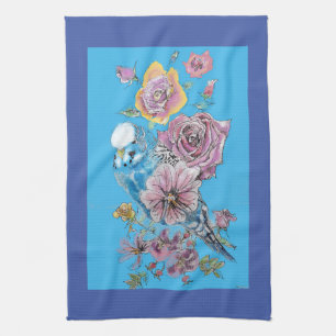 Blue Budgie Cute Whimsical Navy Blue floral Tea Theedoek