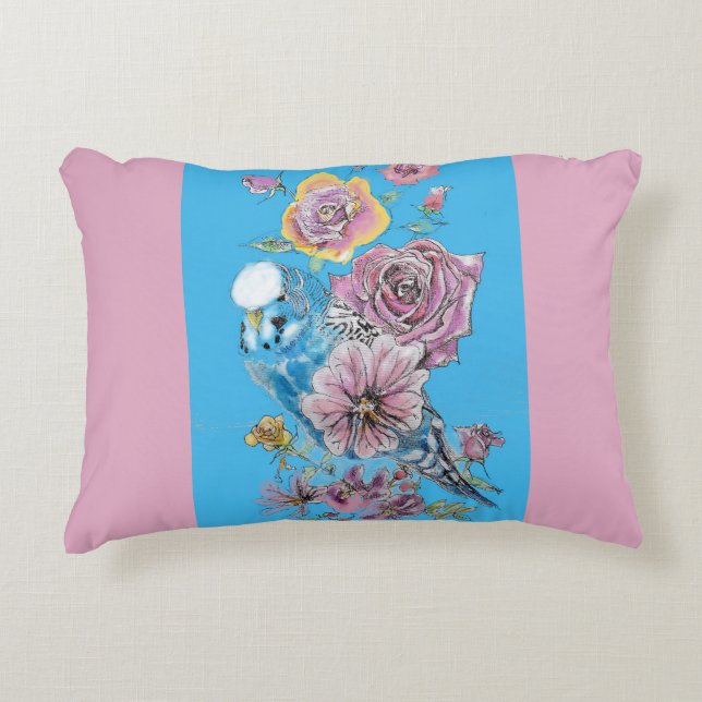 Blue Budgie Cute Whimsical Pink Blue Girls Baby Accent Kussen (Voorkant)