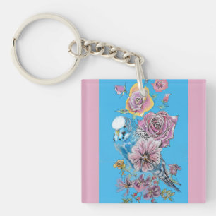 Blue Budgie Cute Whimsical Pink Blue Girls Sleutelhanger