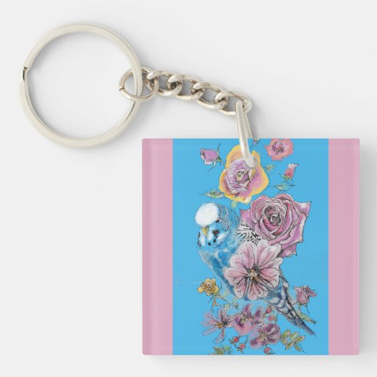 Blue Budgie Cute Whimsical Pink Blue Girls Sleutelhanger (voorkant)