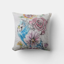 Blue Budgie en Rozen Waterverf bird Decor Cushion