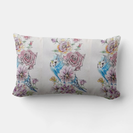 Blue Budgie en Rozen Waterverf bird Decor Cushion Kussen (Achterkant)