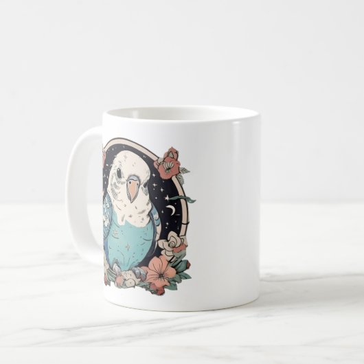 Blue Budgie Floral Print Mok | Elegante vogelliefh (Voorkant links)