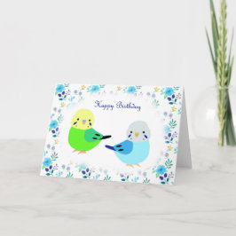 Blue Budgie Green Budgie Floral Happy Birthday Kaart
