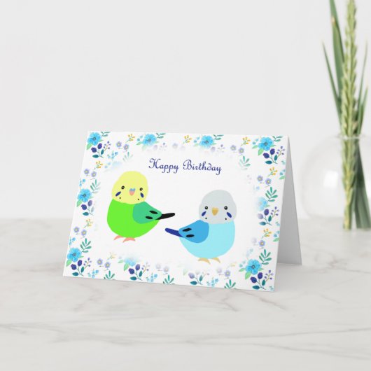 Blue Budgie Green Budgie Floral Happy Birthday Kaart (Voorkant)