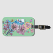 Blue Budgie GreenFloral Waterverf Bagagelabel (Voorkant (horizontaal))