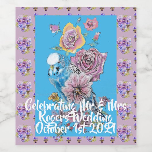 Blue Budgie Lila bloemenbruiloft Wijnflesje Label Wijn Etiket (Enkel label)