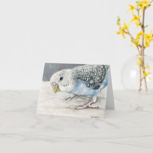 Blue Budgie Parakeet Art Note Kaart (Gele Bloem)
