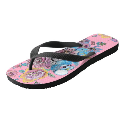 Blue Budgie Pink Rose Floral Pattern Teenslippers (Schuin)