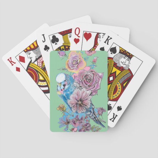 Blue Budgie Red Rose Flower Spelen GreenCards Set Pokerkaarten (Achterkant)