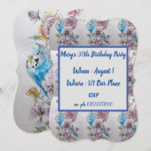 Blue Budgie Roos Floral 40th Birthday Invitation Kaart (Voorkant / Achterkant)