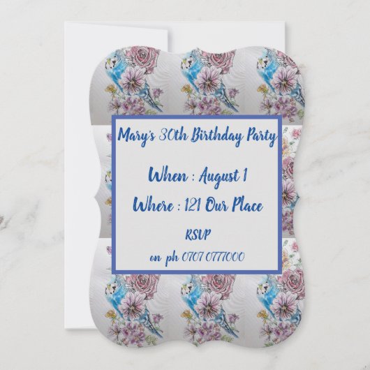 Blue Budgie Roos Floral 40th Birthday Invitation Kaart (Voorkant)