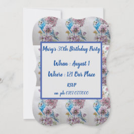 Blue Budgie Roos Floral 40th Birthday Invitation Kaart