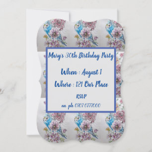 Blue Budgie Roos Floral 40th Birthday Invitation Kaart