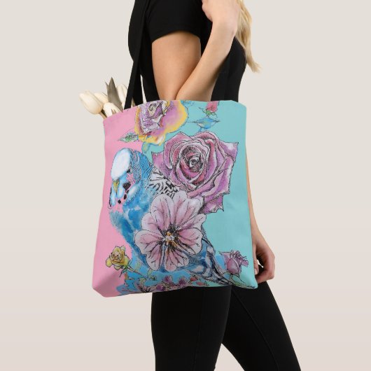 Blue Budgie Roos Flower floral Canvas tas (Dichtbij)