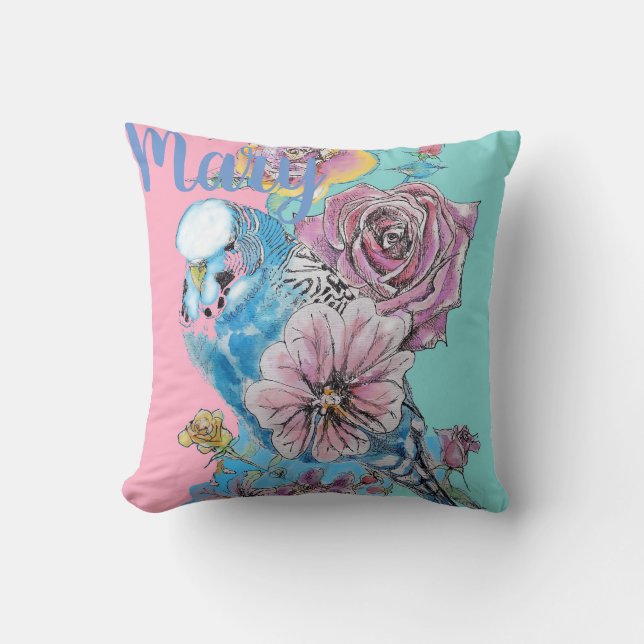 Blue Budgie Roos Flower floral Cushion Kussen (Voorkant)