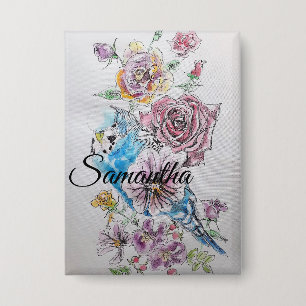 Blue Budgie Roos Flower floral Key Ring Button