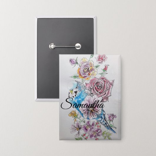 Blue Budgie Roos Flower floral Key Ring Button (Voorkant / Achterkant)