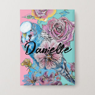 Blue Budgie Roos Flower floral Key Ring Button