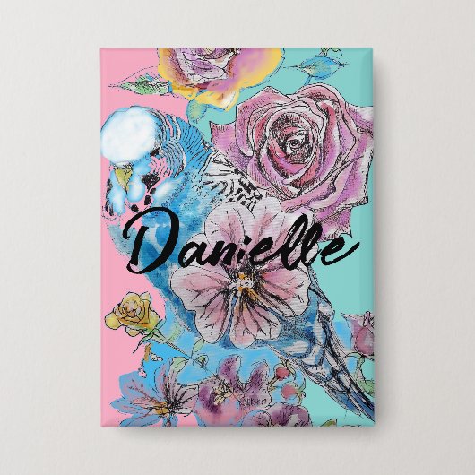 Blue Budgie Roos Flower floral Key Ring Button (Voorkant)