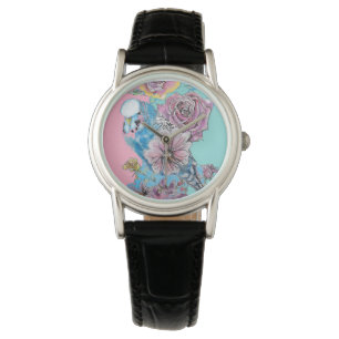 Blue Budgie Roos Flower floral Key Ring Horloge