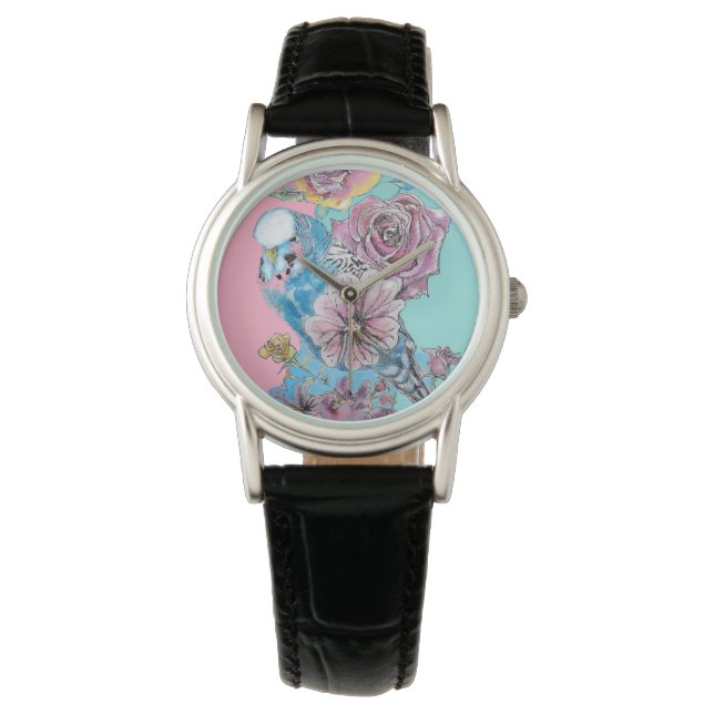 Blue Budgie Roos Flower floral Key Ring Horloge (Voorkant)