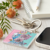 Blue Budgie Roos Flower floral Key Ring Sleutelhanger (Voorkant Rechts)