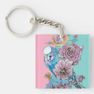Blue Budgie Roos Flower floral Key Ring Sleutelhanger