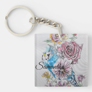 Blue Budgie Roos Flower floral Key Ring Sleutelhanger