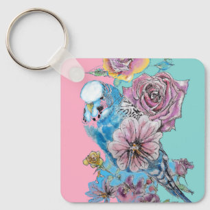 Blue Budgie Roos Flower floral Key Ring Sleutelhanger