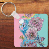 Blue Budgie Roos Flower floral Key Ring Sleutelhanger (Voorkant)