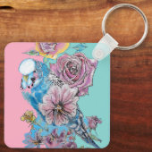 Blue Budgie Roos Flower floral Key Ring Sleutelhanger (Achterkant)