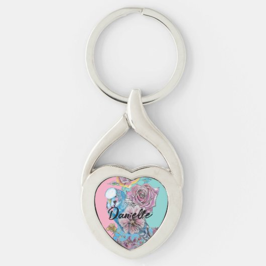 Blue Budgie Roos Flower floral Key Ring Sleutelhanger (Voorkant)