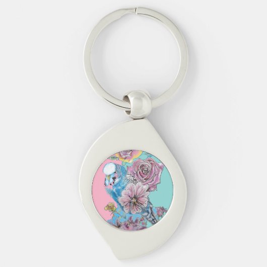 Blue Budgie Roos Flower floral Key Ring Sleutelhanger (Voorkant)