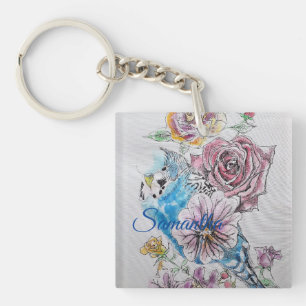 Blue Budgie Roos Flower floral Key Ring Sleutelhanger