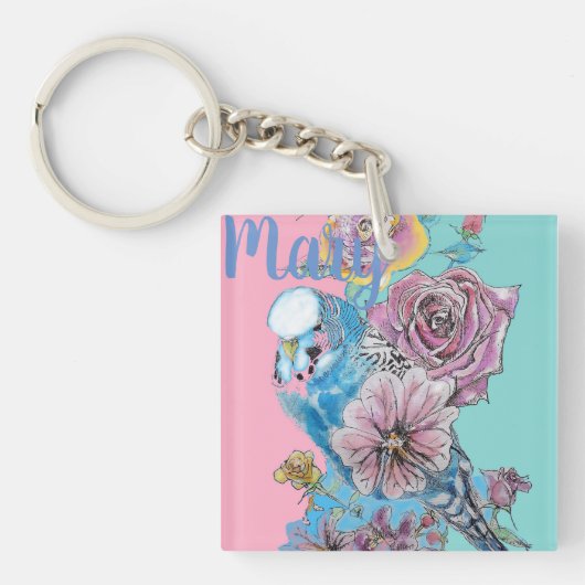 Blue Budgie Roos Flower floral Key Ring Sleutelhanger (voorkant)