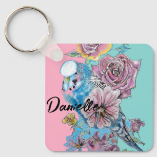 Blue Budgie Roos Flower floral Key Ring Sleutelhanger