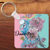 Blue Budgie Roos Flower floral Key Ring Sleutelhanger (Voorkant)